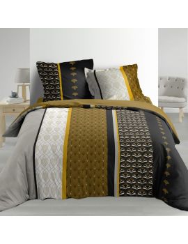 Housse de couette - 260 x 240 cm + taies - Percale 78 fils - Motifs graphiques noir, moutarde et gris