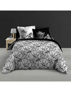 Housse de couette 240x260 cm + taies - Percale - Feuillage tropical noir et blanc