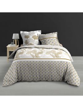 Housse de couette 240x260 cm + taies - Percale - Feuillage blanc, bronze et gris 