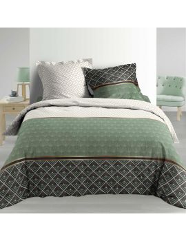 Housse de couette - 240x220 cm + taies - Percale 78 fils - Motifs graphiques blanc, vert et noir