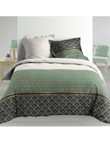 Housse de couette - 260 X 240 cm + taies - Percale 78 fils - Motifs graphiques blanc, vert et noir