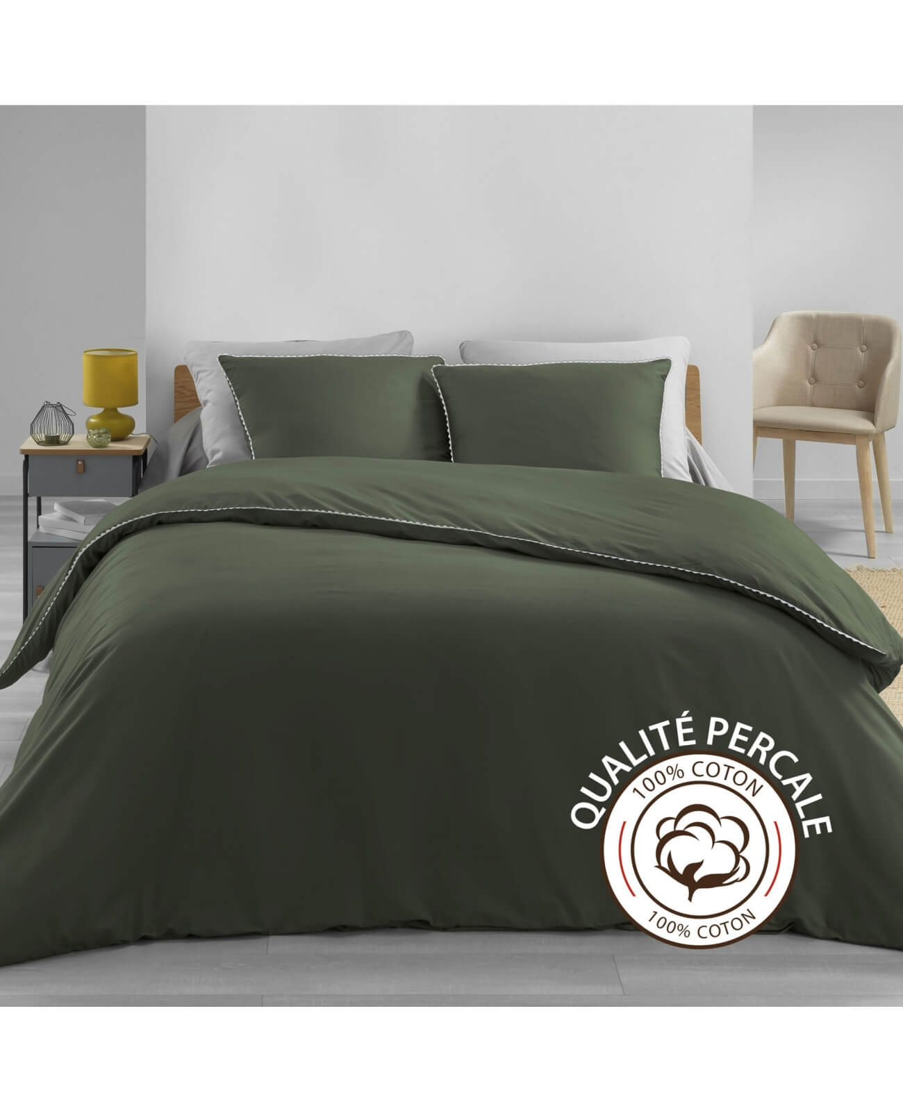 Housse de couette - 220 x 240 cm + taies - Percale - Kaki ...
