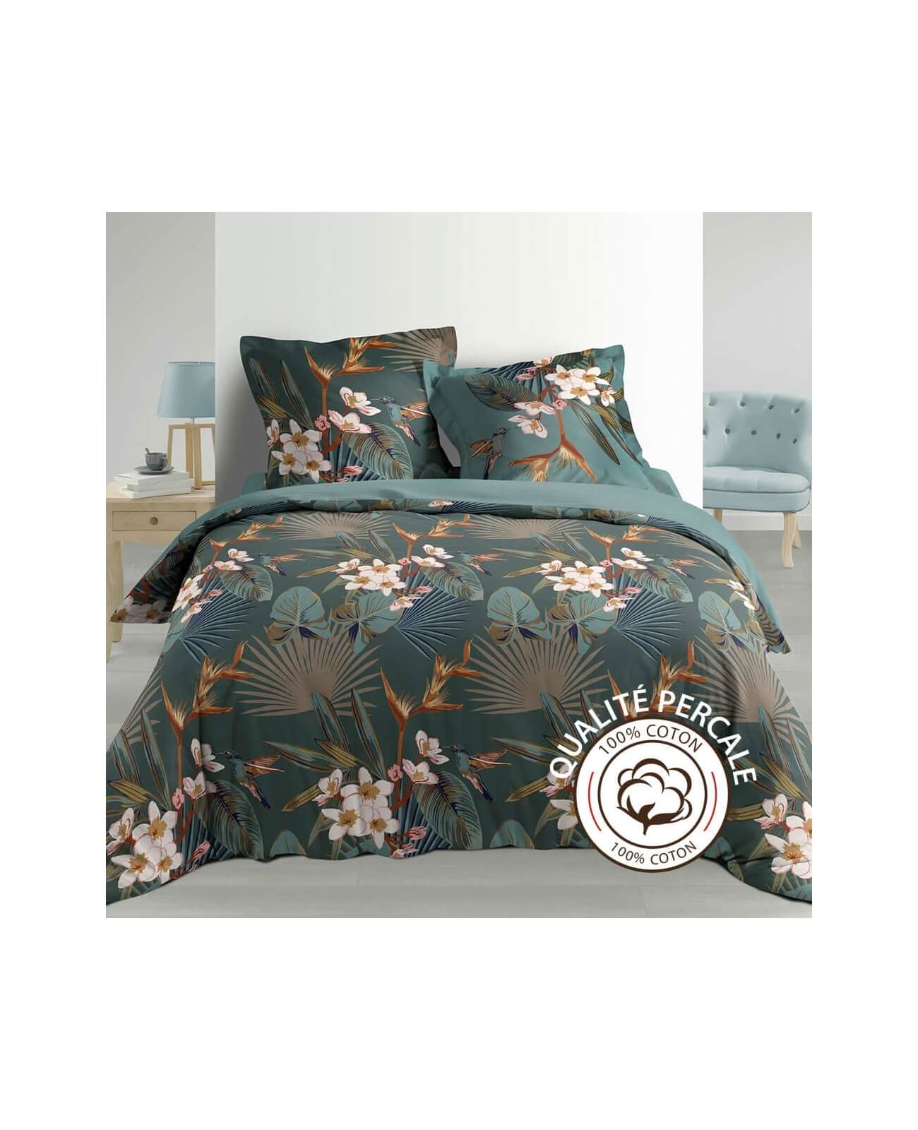 Housse De Couette 260 X 240 Cm Taies Percale 78 Fils Florale Et Colibri